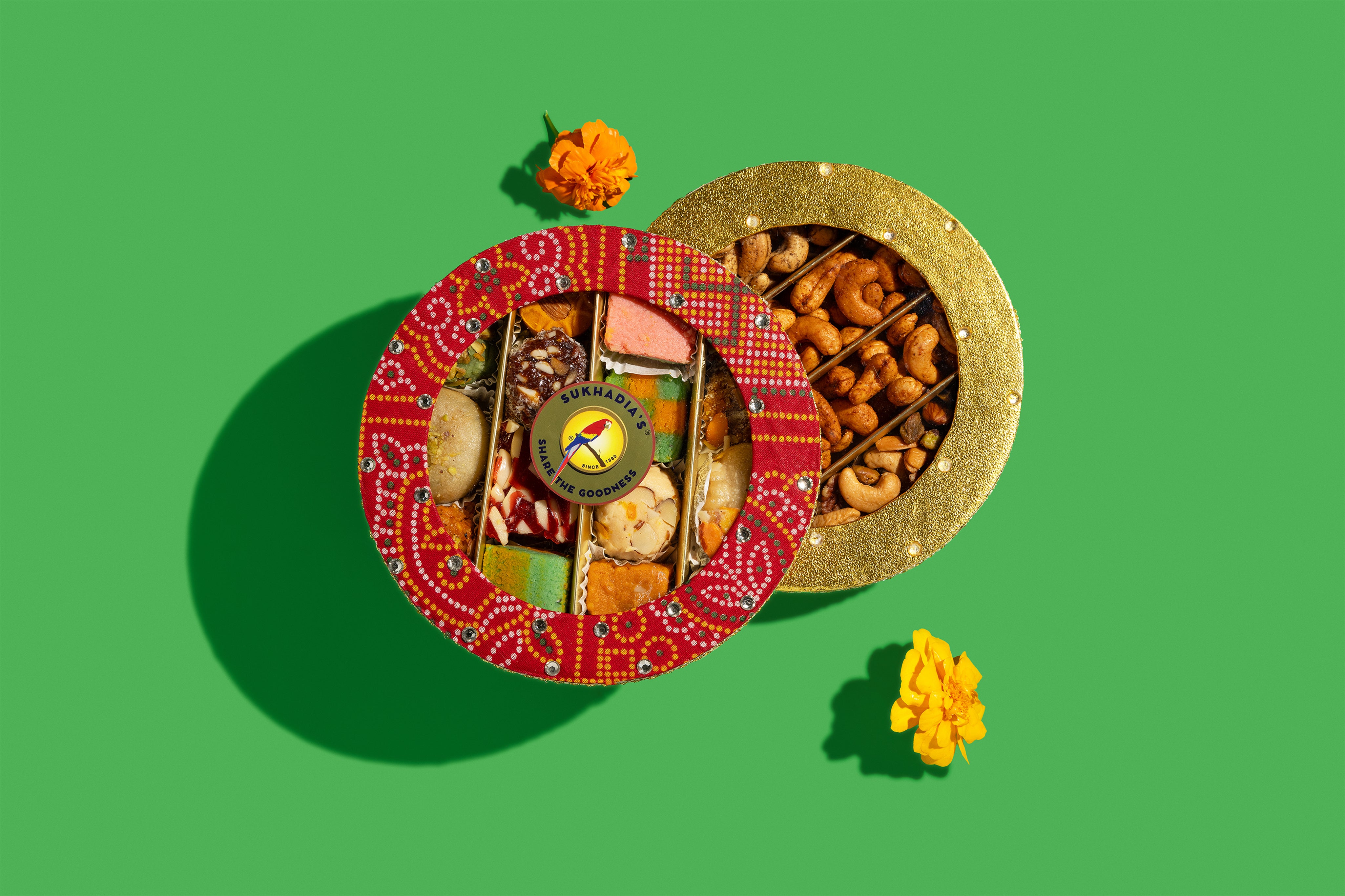 Red Bandhani and Gold Sweets & Nuts Round Combo