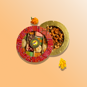 Red Bandhani and Gold Sweets & Nuts Round Combo