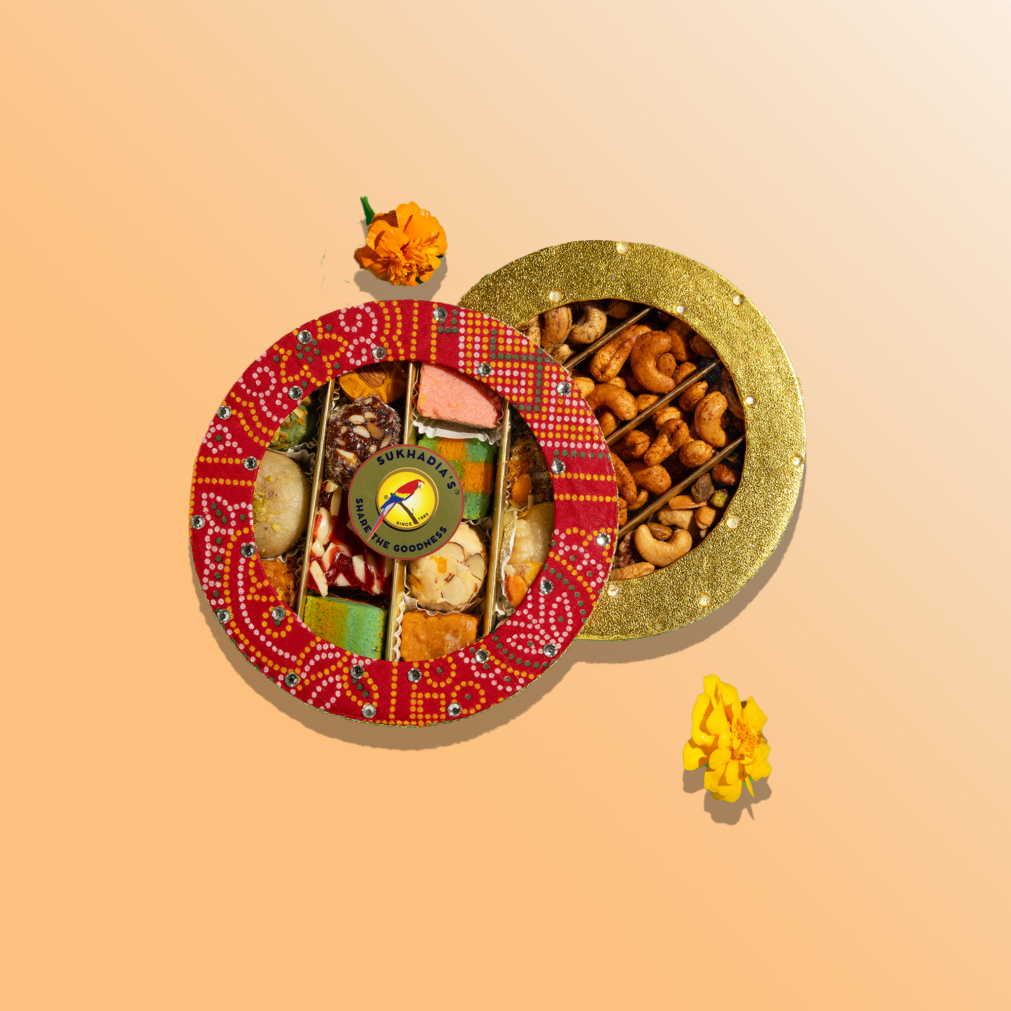 Red Bandhani and Gold Sweets & Nuts Round Combo
