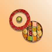 Red Bandhani and Gold Sweets & Nuts Round Combo
