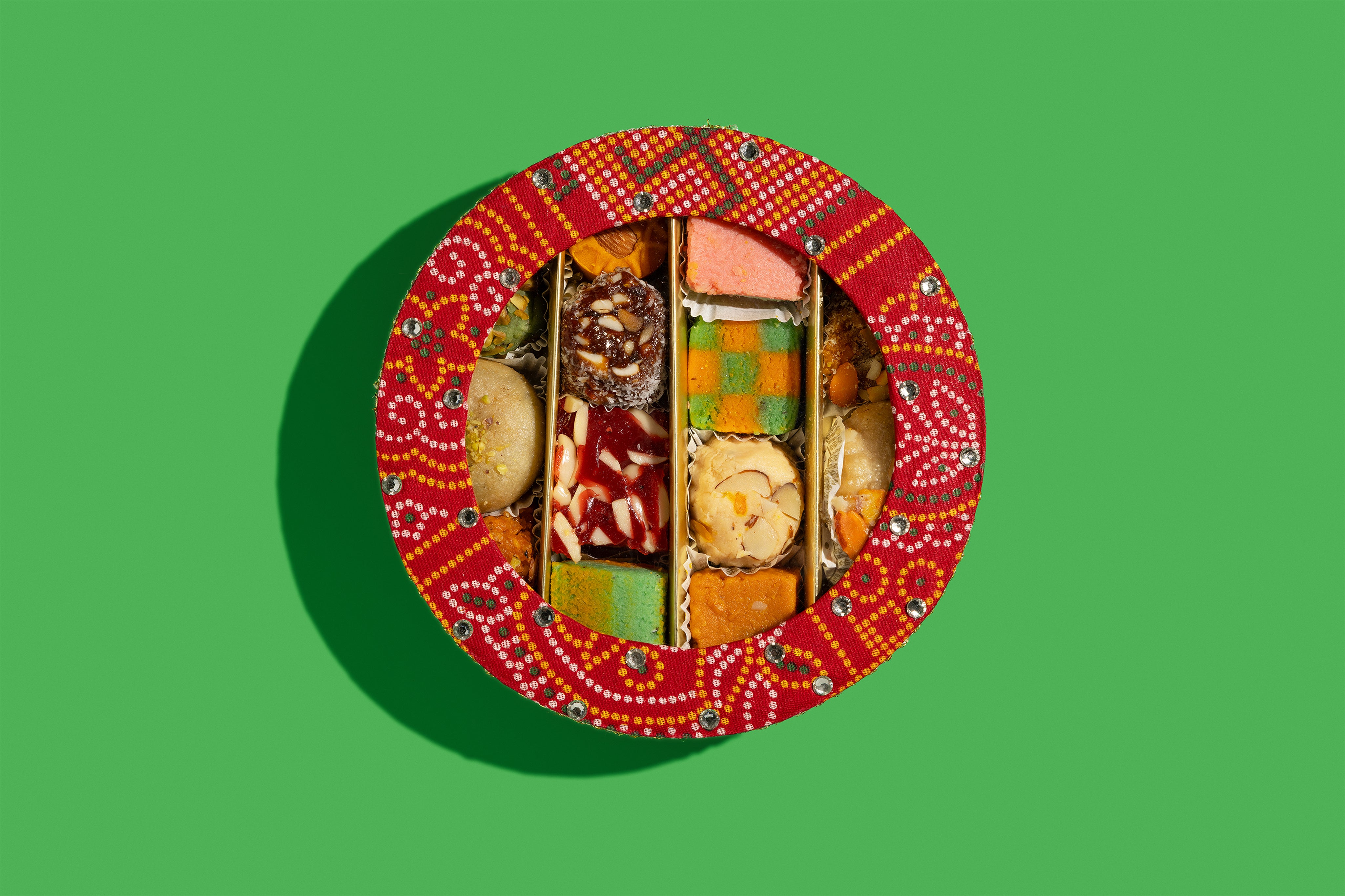 Red Bandhani and Gold Sweets & Nuts Round Combo