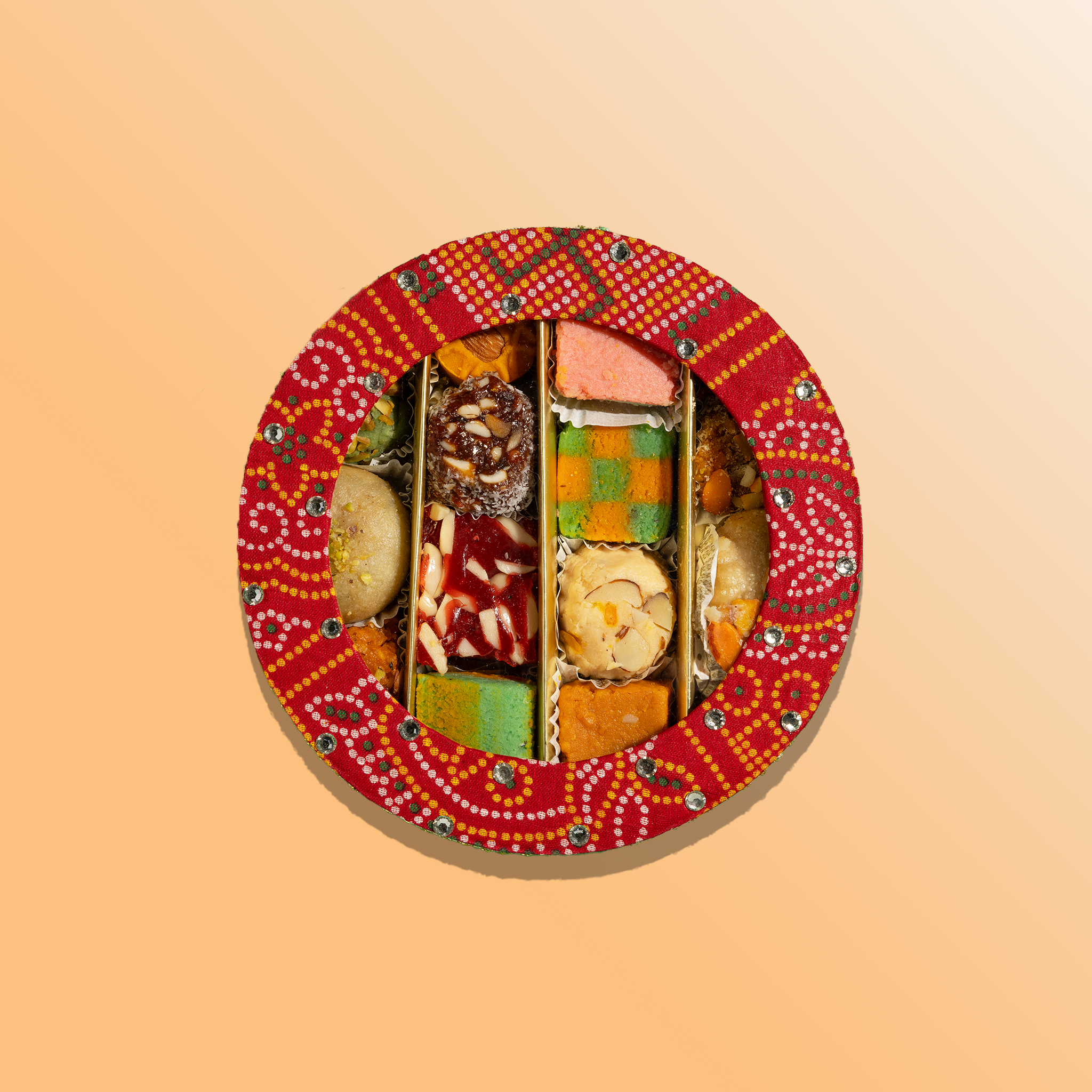 Red Bandhani and Gold Sweets & Nuts Round Combo