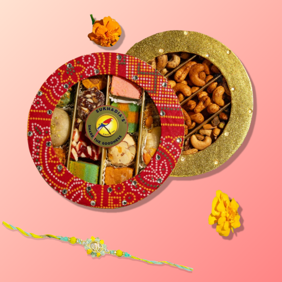 Red Bandhani and Gold Sweets & Nuts Round Combo with Rakhi