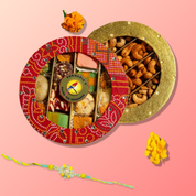 Red Bandhani and Gold Sweets & Nuts Round Combo with Rakhi