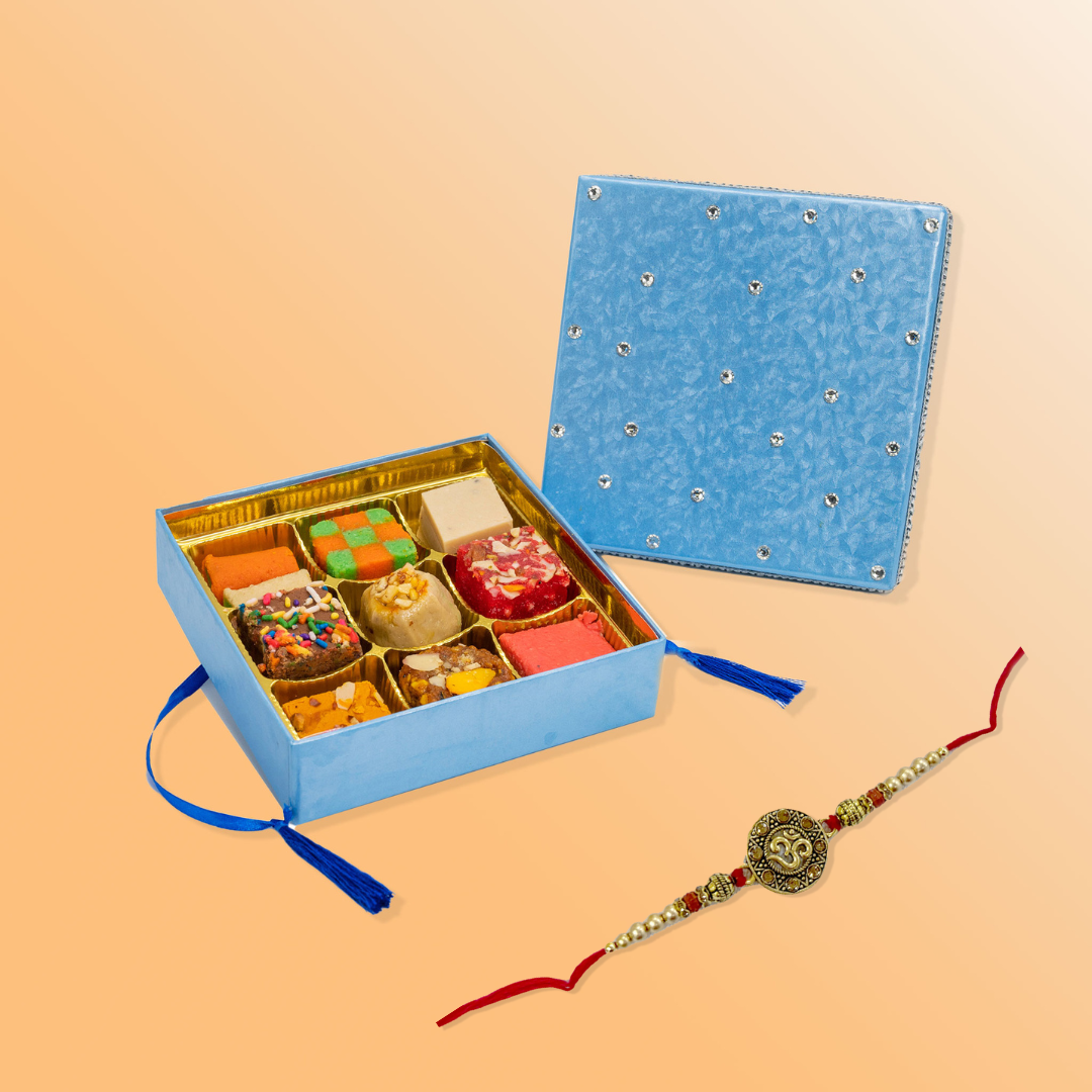 Blue Kundan Sweets with Rakhi